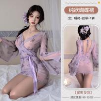 Sexy lingerie sexy butterfly print perspective lace-up deep V open kimono pajamas pure desire uniform suit One size (free size)