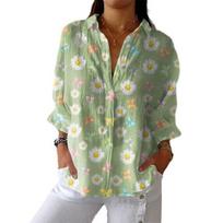 Women Shirt Lapel Long Sleeve Buttons Placket Shirt Tops Loose Fit Mid-length Summer Floral Shirt Lightweight Casual Tops S B