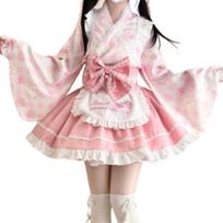 Uccellino Maid Outfit with Moe Lolita Kimono Apron with Gothic Strawberry Perfect for Halloween Cosplay Japanese-Style Sleeves, Ribbon, Design, (Pink, rožinė