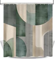 Moderni abstraktaus dizaino dušo užuolaida – Boho geometrinis dizainas, banguotas žalias ir smėlio spalvos raštas stilingam vonios dekorui W60H190(CM)-1 Pcs