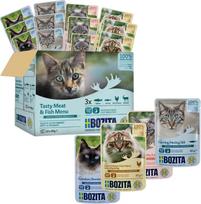 "Bozita" drėgnas maistas "Appetizers in Sauce" su žuvimi ir mėsa - 12 x 85 g porcijinis maišelis, kuriame nėra grūdų ir kviečių - drėgnas maistas suaugusioms katėms, kuriame yra 8,5 % baltymų ir 4,5 % riebalų