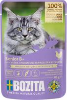 "Bozita" drėgnas maistas katėms "Senior 8+" su daug vištienos padaže - 12 x 85 g porcijų maišelis, kuriame nėra grūdų ir kviečių - 8,5 % baltymų ir 4,5 % riebalų turintis drėgnas maistas katėms