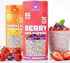 "Brekky Innovative Chia Seed Upgrade" (pagamintas Vokietijoje ir veganiškas) žarnyno sveikatai, 1 mlrd. probiotikų ir prebiotikų, Omega 3 ir skaidulinės medžiagos, Chia sėklos (Berry Chia Pudingas)