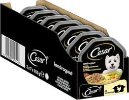 "Cesar Dog Food" šlapias maistas su lengvai keptos vištienos gabalėliais, natūraliais ryžiais ir daržovėmis padaže, 14 indelių (14 x 150 g)