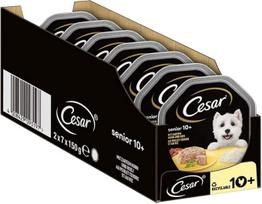 "Cesar Senior 10+" drėgnas maistas šunims su delikatesine vištiena ir ryžiais drebučiuose, 14 indelių (14 x 150 g)