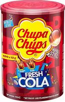 "Chupa Chups Fresh Cola Lollipop" skardinėje yra 100 skonių ir "Cola Lemon Handy" gimtadienio laikymo skardinė 100 x 12g