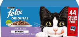 "Felix Mix Selection in Jelly" kačių ėdalas, drėgno ėdalo maišelis su apvaliu, vištiena, lašiša ir tunu, 44 x 85 g (44 maišeliai su ėdalu, 3,7 kg)