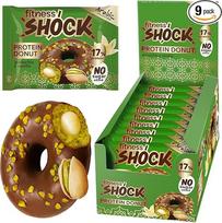 "FitnesSHOCK" baltyminiai sausainiai "Doughnut Biscuit" su tamsiuoju šokoladu ir pabarstukais, 12 g/17 % baltymų be pridėtinio cukraus, daug skaidulų turintis užkandis su vanilės įdaru, be palmių aliejaus, pistacijų skonio, 9 x 70 g