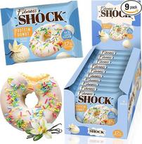 "FitnesSHOCK" baltyminis sausainis "Doughnut Biscuit" su pabarstukais, 12 g/17 % baltymų be pridėtinio cukraus, daug skaidulų turintis užkandis su vaniliniu įdaru, be palmių aliejaus - vanilės skonio, 9 x 70 g