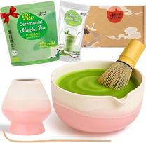 "Goodwei Matcha" rinkinys su aukštos kokybės keraminiu Matcha dubenėliu su snapeliu, Matcha šluotele ir šluotelės laikikliu Dovanų rinkinys arbatos ceremonijai su ekologiška Matcha ir Cocos Matcha Latte (Fuji Pink)