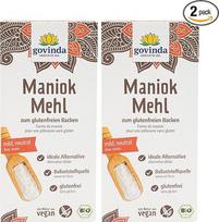 "Govinda" Ekologiški manijoko miltai (2 x 450 g), be glitimo ir grūdų, 1:1 kviečių miltų pakaitalas, smulkiai malti, daug skaidulų, idealiai tinka kepimui ir virimui, DE-ÖKO-005