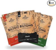 "Grizzly Foods" - "Biltong" 3 rūšių degustacinis rinkinys (6 x 30 g) - ore džiovinta jautiena - trijų rūšių džiovinta mėsa - be cukraus ir priedų - baltymų turtingas užkandis - idealiai tinka degustacijai