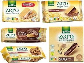 "Gullón Zero" sausainiai be cukraus - 5 rūšių asorti: Vaniliniai ir šokoladiniai vafliai, "Finas Choco Leche", "Snack Choco" ir "Chip Choco".