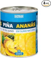"Hacendado" ananasų griežinėliai savo sultyse - be pridėtinio cukraus - didelis formatas - 4 pakuotės - 4 skardinės po 822 g (nusausinto ananaso svoris 490 g) - saulėje prinokę ir sultingi