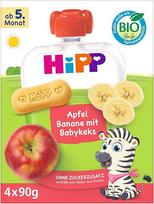 "HiPP Organic Quetschie Apple Banana" su kūdikių sausainiais, 16 vnt. (4 x 90 g), skirti kūdikiams nuo 5 mėn., be pridėtinio cukraus, geriausios ekologiškos kokybės