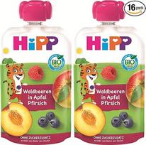 "HiPP Organic Quetschie" miško uogos obuolių persikuose - Thilo Tiger (8 x 100 g), nuo 1 metų, 100% vaisių tyrė, be pridėtinio cukraus, veganiška, geriausios ekologiškos kokybės (2 vnt.)