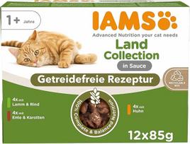 "IAMS Delights Land Collection" kačių ėdalas, drėgnas, be grūdų, daugiapakuotė su mėsos rūšimis padaže, drėgnas ėdalas be grūdų katėms nuo 1 metų, 12 x 85 g