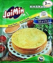 "Jaimin" viso grūdo kviečių užkandis "Methi Khakhra Fenugreek", pagardintas vaistine ožragėle - 200 g - pakuotė po 3 vnt.