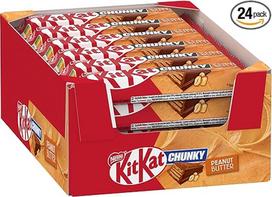 "Kitkat Nestlé KitKat Chunky Peanut Butter" šokoladinis batonėlis, traškus batonėlis su žemės riešutų kremu ir traškiu vafliu, 24 vnt. (24 x 42 g)