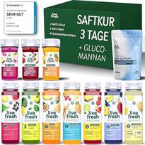 "LiveFresh" sulčių terapija 3 dienoms + ekologiškas nuoviras ir arbata - 21 sultys (250 ml) ir 9 šotai (60 ml) šalto spaudimo¹ + ekologiška daržovių pasta (135 g) ir arbata (30 arbatos maišelių) - 743 kalorijos per dieną