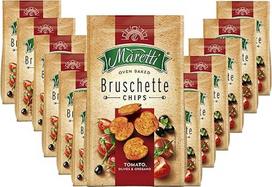 "Maretti Bruschette" pomidorų, alyvuogių ir raudonėlių traškučiai (14 x 150 g), duonos traškučiai su pomidorų, alyvuogių ir raudonėlių skoniu, skanūs orkaitėje kepti "Bruschette" traškučiai