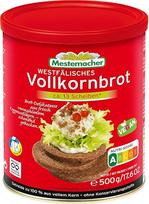 "Mestemacher Westphalian" pilno grūdo duona be plutos skardoje, itin ilgai išliekanti, puikiai tinka atsargoms ir pavieniams namų ūkiams, 13 riekelių patvarios duonos, veganiška, "Nutri Score A", tik 4 ingredientai, 500 g