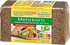 "Mestemacher" įvairių grūdų duona, be kviečių, veganiška, "Nutri Score A", viso grūdo duona su rugiais, miežiais ir avižomis, 100 % viso grūdo, daug skaidulų, be konservantų, 7 riekelės, 500 g