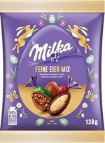 "Milka Fine Egg Mix" keturių rūšių kiaušinių mišinys: Alpių pieno, Noisette, Nugato kremo ir baltojo - atskirai supakuotas velykinis šokoladas - 138g