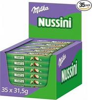 "Milka Nussini" batonėlis - traškūs vaflių gabaliukai su lazdyno riešutų kremu ir Alpių pieno šokoladu - 35 x 31,5 g