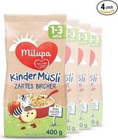 "Milupa" vaikiški dribsniai "Delicate Bircher" - dribsnių pusryčiai nuo 1 iki 3 metų, be pridėtinio cukraus, kūdikių maistas, 4 x 400 g