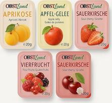 "Minafood Obstland Box" uogienės porcijinės pakuotės 100 x 20 g - 5 rūšių mišinys (braškių, vyšnių, abrikosų, obuolių želė, keturių vaisių) - idealiai tinka pusryčiams, viešbučiams ir maitinimo įstaigoms