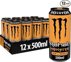 "Monster Energy Rehab Peach" - energinė ledinė persikų skonio arbata su kofeinu - energinis gėrimas be angliarūgštės - praktiškose vienkartinėse skardinėse (12 x 500 ml)