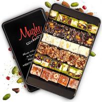 "Mughe Gourmet Sultan Pistachio Turkish Delight" saldainiai, elegantiška dovanų skardinė - 650 g - "Lokum Delights" pistacijos, apelsinai, lazdyno riešutai, migdolai - puiki dovana Motinos dienai, gimtadieniui
