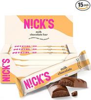 "NICKS Milk Chocolate Keto Bar" batonėlis be pridėtinio cukraus, 112 kcal, 3,4 g grynųjų angliavandenių, mažai angliavandenių turintys saldumynai, užkandžių batonėlis be glitimo (15 x 25 g)