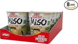 "Nissin Cup Noodles" - "Veggie Miso", 8 vnt., japoniški greito paruošimo makaronai su Miso pasta ir daržovėmis, greitai paruošiami puodelyje, vegetariški, Azijos maistas (8 x 67g)