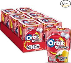 "Orbit Refreshers Strawberry Lemon" 6 x 30 vienetų - kramtomoji guma be cukraus, braškių ir citrinų skonio, 180 dražėjų vertės pakuotė