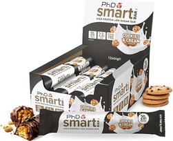 "PhD Nutrition Smart Bar" baltyminis batonėlis, sausainiai su grietinėle, daug baltymų turintis baltyminis batonėlis, mažai cukraus, daugkartinė pakuotė, 12 x 64 g