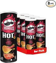 "Pringles HOT Sweet Chilli Flavour" (8 x 160 g) - nepakartojami klasikiniai užkandžiai patogioje skardinėje - karšti traškučiai su saldžiųjų aitriųjų paprikų skoniu - Pop Play. Valgyk.
