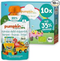 "Pumpkin Organics" ekologiški daržovių dribsniai su morkomis, obuoliais, kokosais, bananais, ananasais ir spelta - be pridėtinio cukraus - vaisiai, daržovės ir dribsniai išspaudžiamuose maišeliuose - nuo 6 mėnesių - 10 x 100 g