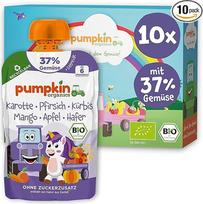"Pumpkin Organics" ekologiški daržovių dribsniai su morkomis, persikais, moliūgais, mangais, obuoliais ir avižomis - be pridėtinio cukraus - vaisiai, daržovės ir dribsniai išspaudžiamuose maišeliuose - nuo 6 mėnesių - 10 x 100 g