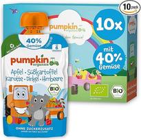 "Pumpkin Organics" ekologiški daržovių dribsniai su obuoliais, saldžiosiomis bulvėmis, morkomis, spelta kviečiais ir avietėmis - be pridėtinio cukraus - vaisiai, daržovės ir dribsniai išspaudžiamame maišelyje - nuo 6 mėnesių - 10 x 100 g