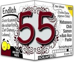 "Schlump-Chili Endlich 55" - juokinga aštri gimtadienio dovana. Originali dovanos idėja 55-ojo gimtadienio proga vyrams ir moterims.