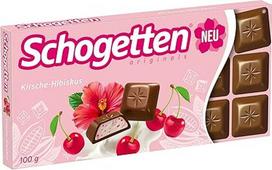 "Schogetten Cherry Hibiscus", 100 g šokolado plytelė, pieniškas šokoladas, praktiškai atskirai supakuota