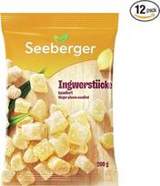 "Seeberger" cukruotų imbiero gabalėlių pakuotė (12 vnt.): aštrūs auksinio geltono imbiero šaknies saldūs cukruoti kauliukai - tinka užkandžiams, puošybai ar kepiniams - veganiška (12 x 200 g)