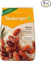 "Seeberger" datulių pakuotė (7 vnt.): medaus saldžiosios datulės su kreminės konsistencijos minkštimu, skirtos natūraliai pasaldinti maistą, su kauliukais, džiovintos ir nesulfūruotos, be pridėtinio cukraus, veganiškos (7 x 500 g)