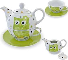 "Tea for One" porcelianinių arbatinukų rinkinys su arbatinuku, puodeliu ir lėkštele, 3 dalių, pelėdos dizaino