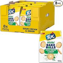"TUC Bake Rolls Mini Sour Cream & Onion" - traškūs dvigubai kepti duonos traškučiai - 8 x 150g
