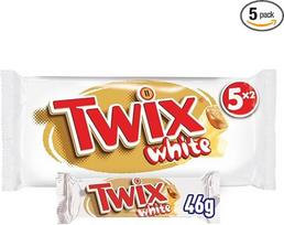 "Twix" baltojo šokolado batonėliai, karamelė, sausainiai, baltasis šokoladas, daugkartinė šokolado pakuotė, 5 batonėliai (5 x 46 g)