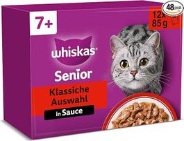 "Whiskas 7+" kačių maistas "Classic Selection in Sauce", 12 x 85 g (4 pakuotės) - aukštos kokybės drėgnas maistas nuo 7 metų 48 porcijų maišeliuose