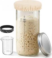 1000 ml raugo starterio rinkinys su mentele - raugo stiklinė su datos žymėjimu, termometru, audiniu ir metaliniu dangteliu, stikline talpykla, daugkartinio naudojimo duonos kepimo reikmenys pradedantiesiems